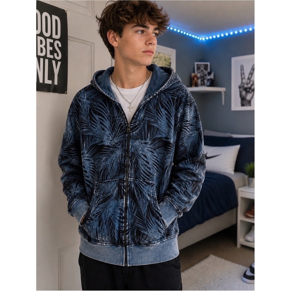 JOY LAB Blue & Black Tropical Palm Print Zip Hoodie Men's Small